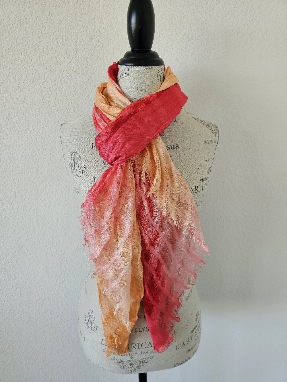 Boho Ombré Sheer Scarf Shawl Sarong – Sunset Pink, Coral & Peach Grid Weave Wrap
